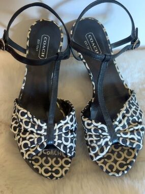 Coach Black and White T-Strap Logo Bow Sandals